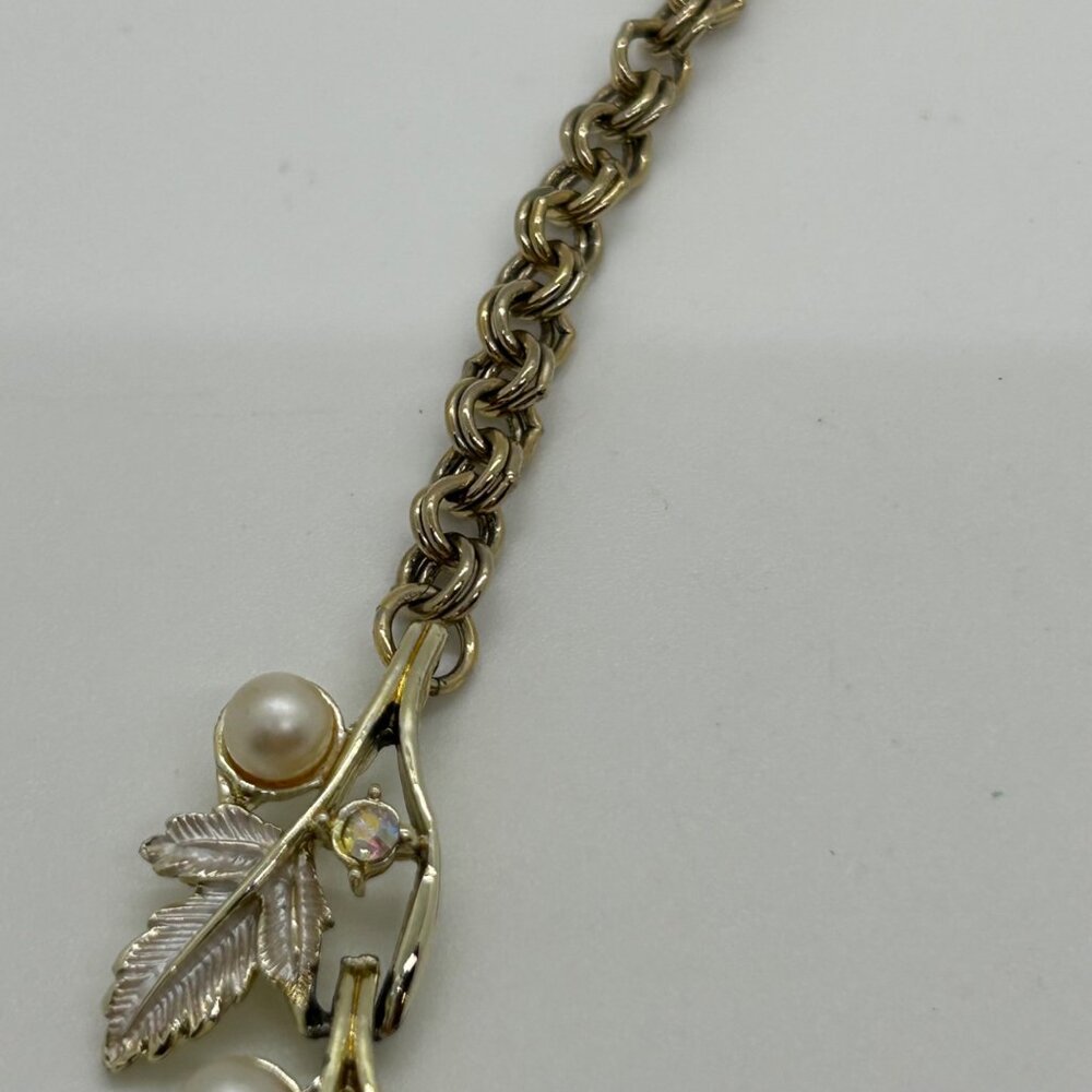 Vintage Judy Lee Gold Tone Necklace Leaf Design Faux Pearls Rhinestones Elegant - Picture 9 of 16